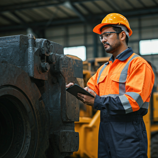 Engineer in high-visibility safety gear inspecting heavy machinery with a digital tablet