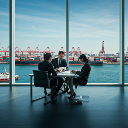 Two professionals in corporate attire reviewing ISO compliance documents at a modern office with an industrial port view