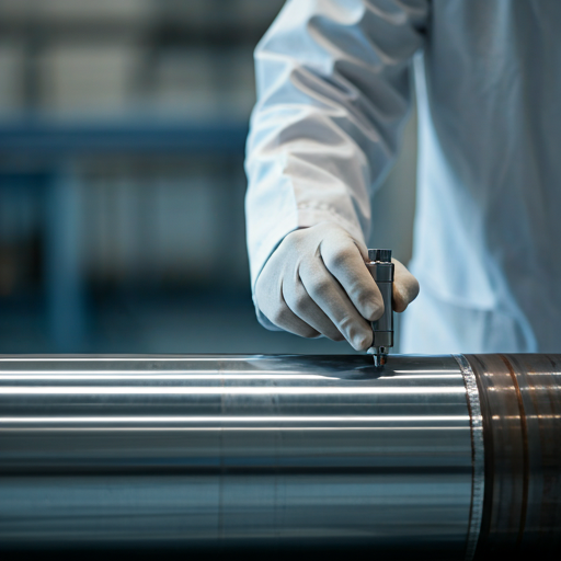 Technician using ultrasonic testing equipment on a steel pipe in a precision laboratory